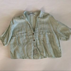 Zara Linen Button Down Crop Shirt Size Large Green